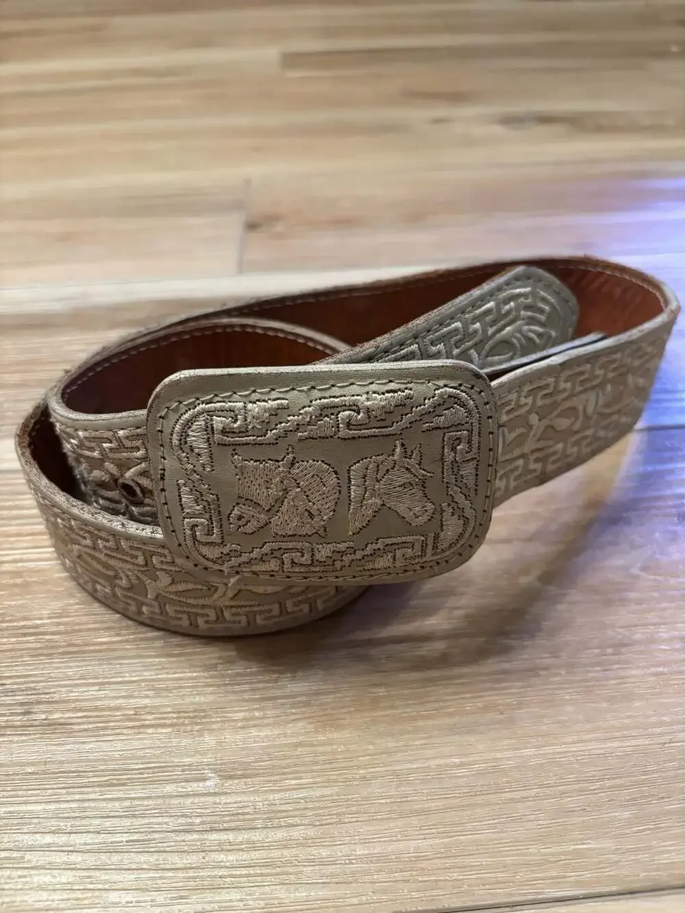 Horse Mexican Piteado Style Embroidered Leather Charro Belt